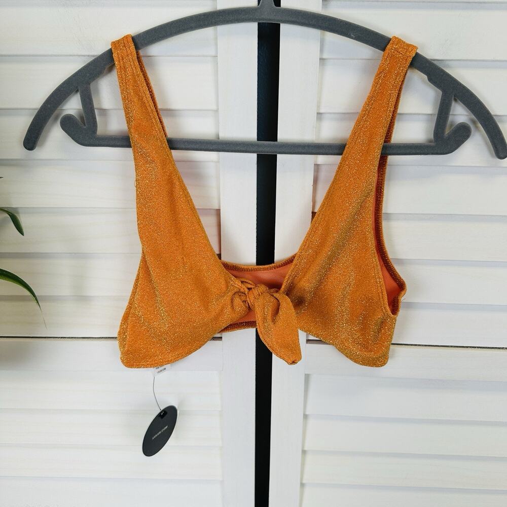 New Lulus Glittering Waters Orange Sparkly Tie Front Bikini Swim Top Size‎ M